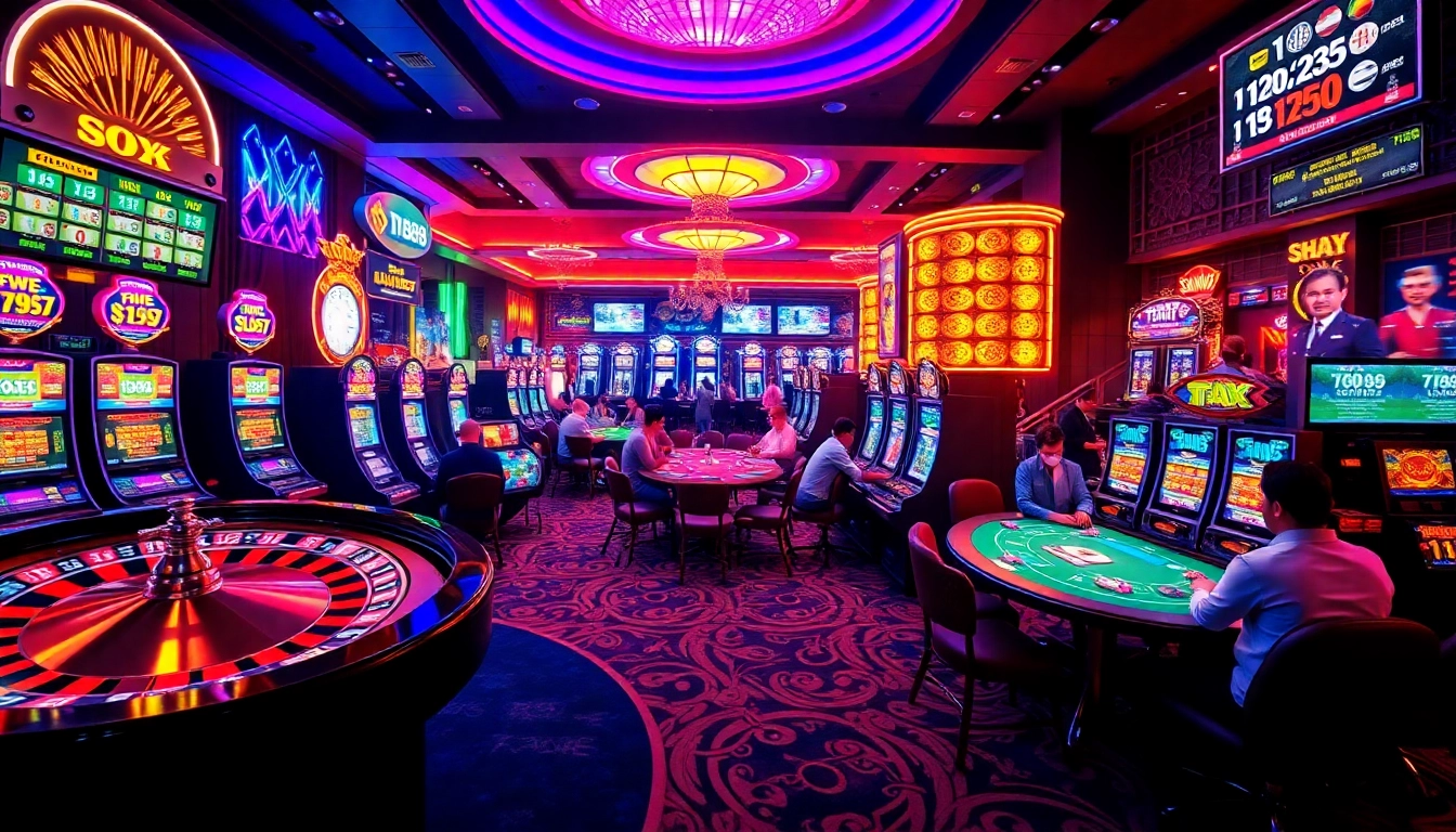 Xổ Số FB88 showcases players thrillingly engaging in various casino games amid a vibrant, energetic atmosphere.