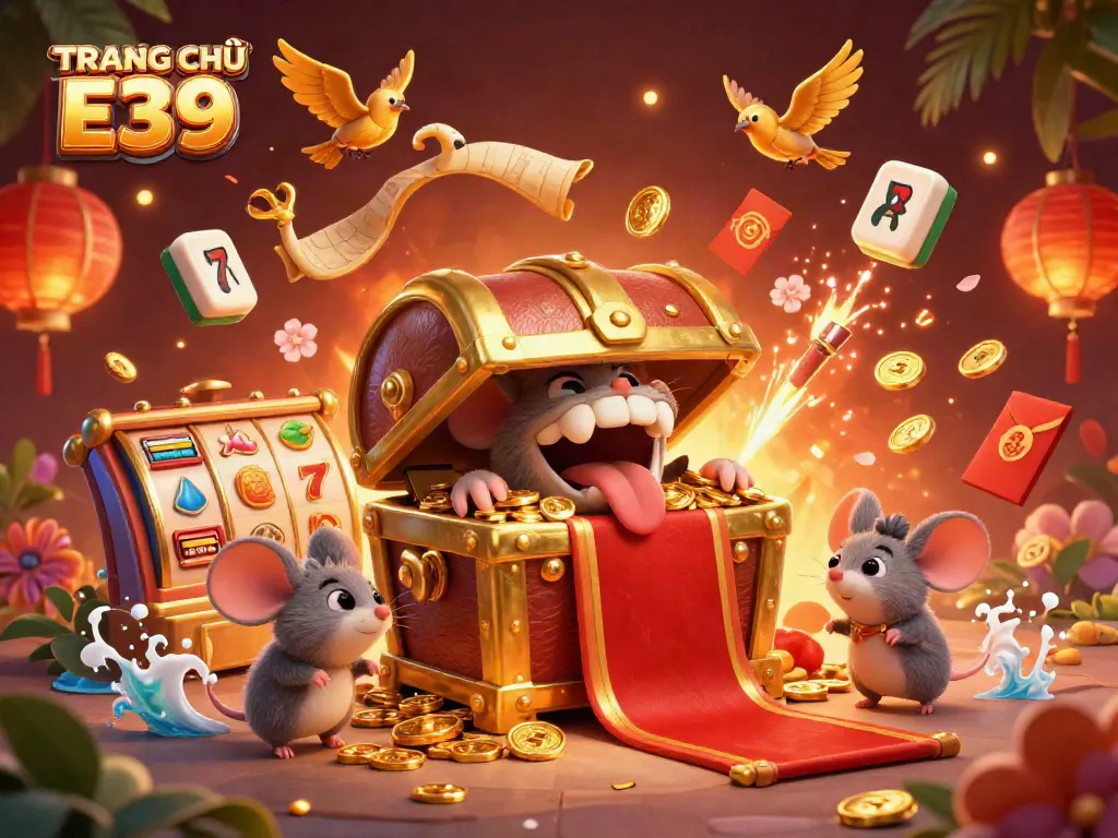 Engaging scene at TRANG CHỦ E39 where adventurer mice are lured by a treasure chest in a vibrant casino setting.
