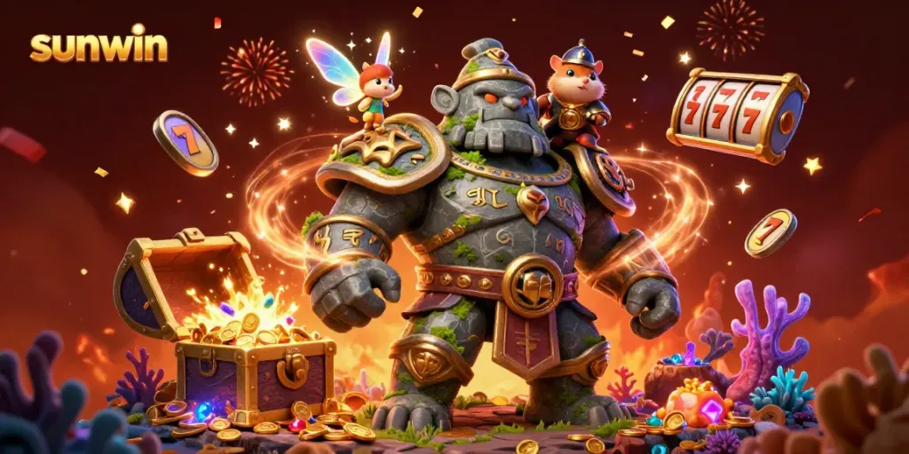 Experience thrilling gaming as Sunwin's characters celebrate with gold coins and vibrant slot reels.