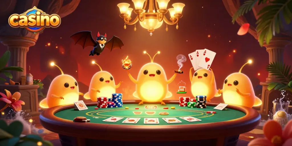 This vibrant casino scene features glowing cartoon glowworms illuminating a poker game, engaging players in excitement.