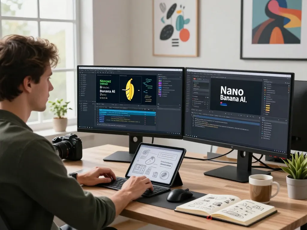 Creative professional using nano banana ai at a modern workstation with dual monitors and digital design tools.