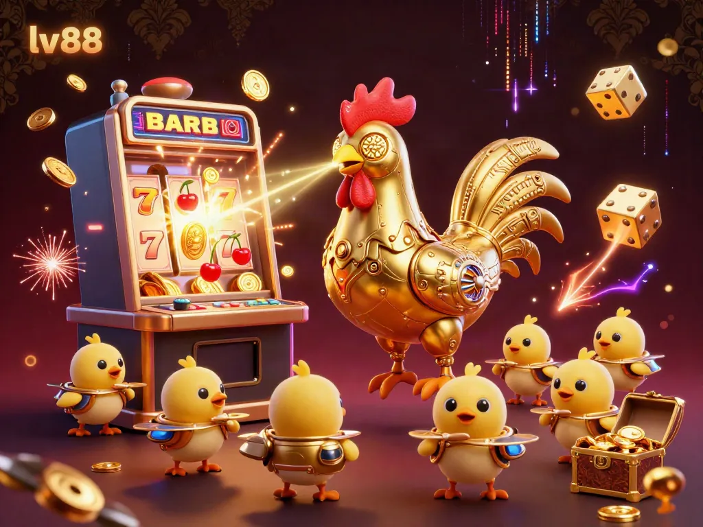 Experience thrilling wins at lv88 with a vibrant 3D casino scene, showcasing exciting slot machines and golden treasures.