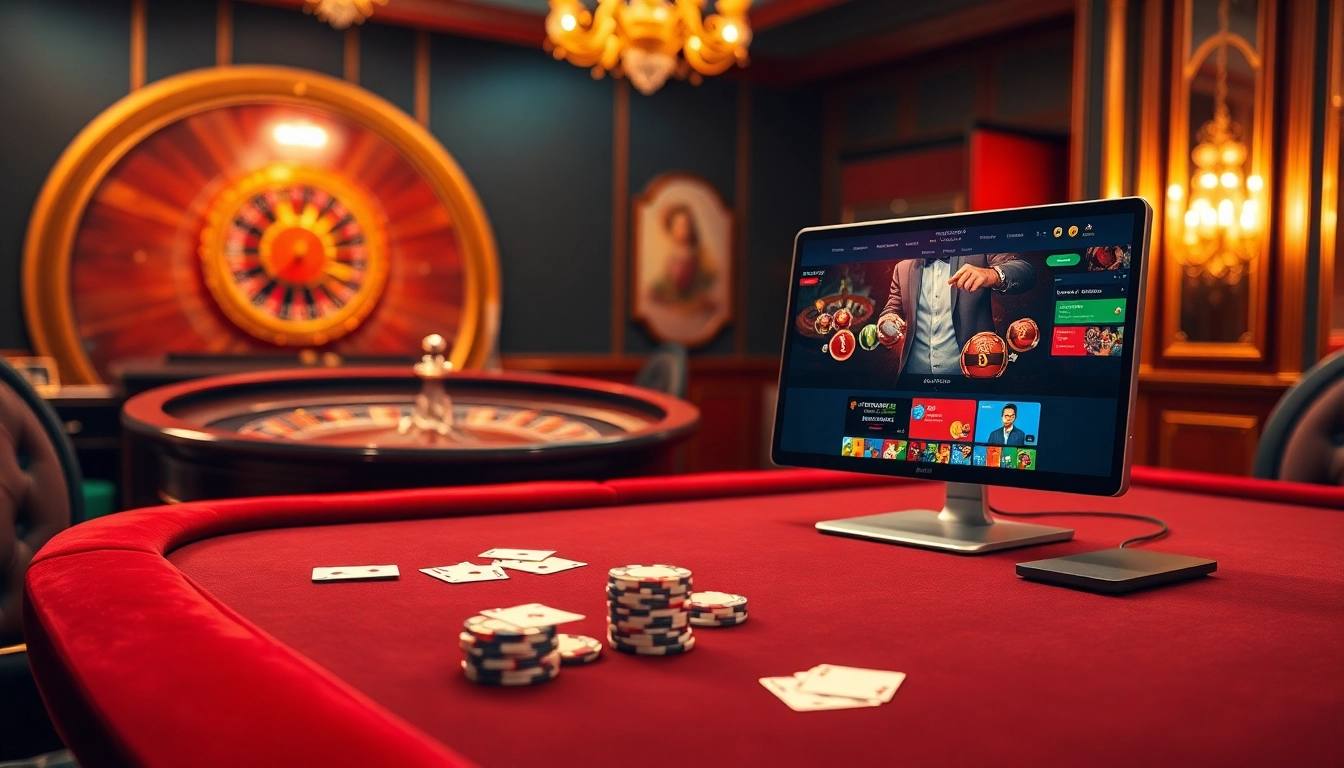 Experience thrilling gambling at https://789club.quest/ with a luxurious poker table and roulette wheel illuminated in an elegant casino setting.
