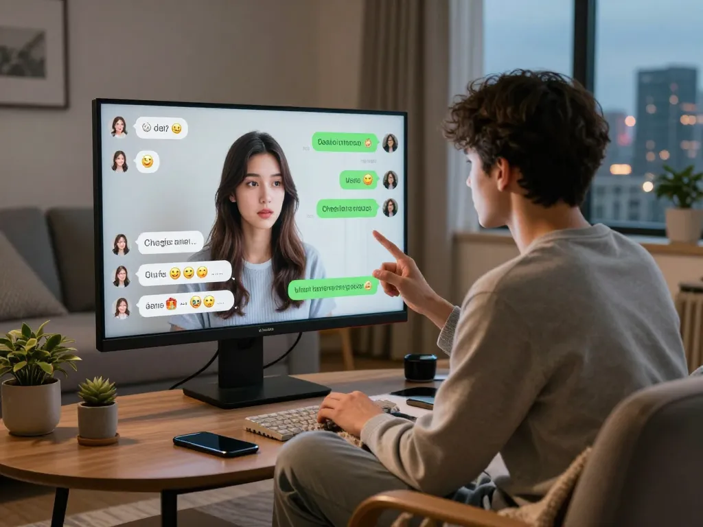 AI girlfriend conversation on a screen with a relaxed individual, showcasing modern virtual companionship.