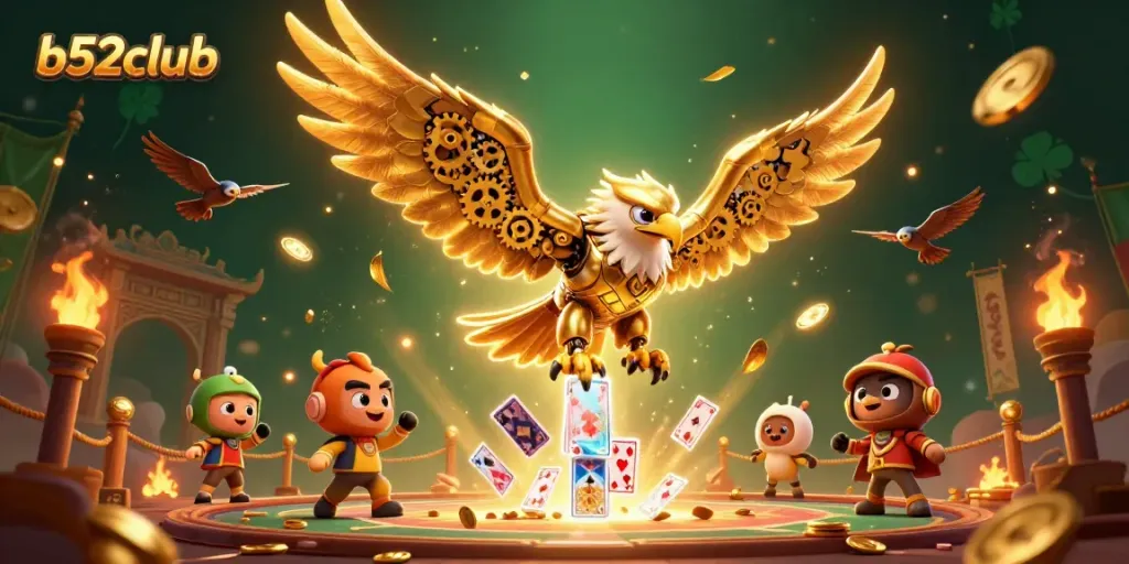 Experience thrilling gameplay at b52club with 3D animated characters and casino elements vividly illustrated.
