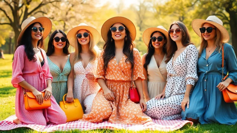 Diverse women showcasing vibrant Women Fashion outfits at an outdoor picnic.