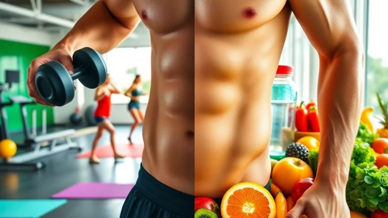 Person engaging in a weight loss workout set in a vibrant gym environment with healthy foods.