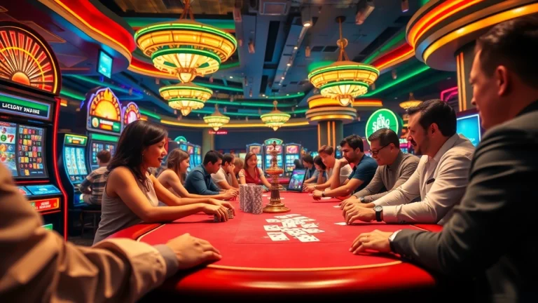 Players enjoying a lively game bài đổi thưởng at a bustling casino, showcasing poker chips and cards.