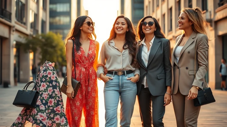 Stylish women showcase trendy Women Fashion in a vibrant urban setting.