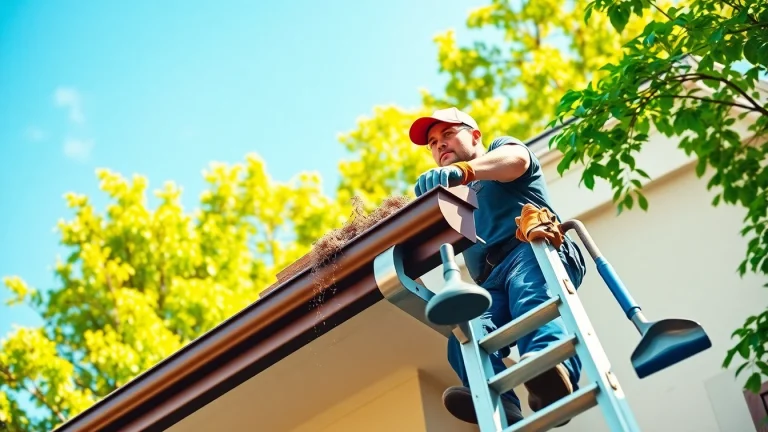 Professional gutter cleaning in action, showcasing a worker skillfully clearing debris from a residential gutter.