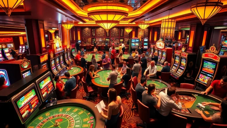 Experience the excitement at https://dabet.design/ with players engaged at vibrant casino tables and spinning slot machines.