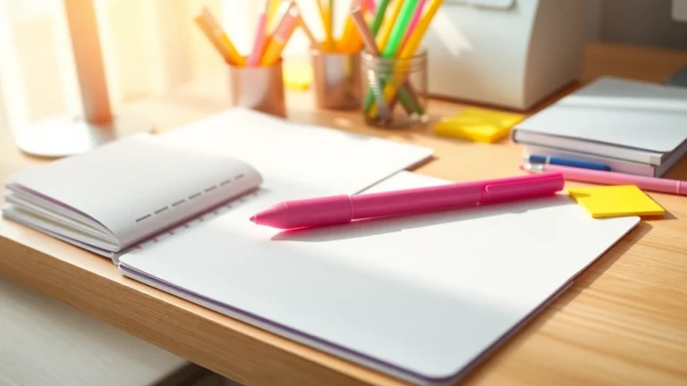 Highlight your notes with a vibrant pink highlighter pen against an organized desk, featuring colorful stationery.