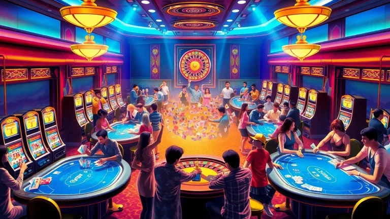 Experience the thrilling atmosphere of Overload Casino with lively players enjoying games at vibrant tables.