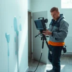 Technician performing leak detection Cornwall with advanced tools in a residential setting.