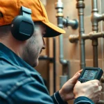 Skilled technician using advanced plumbing leak detection tools in a bright, home setting.