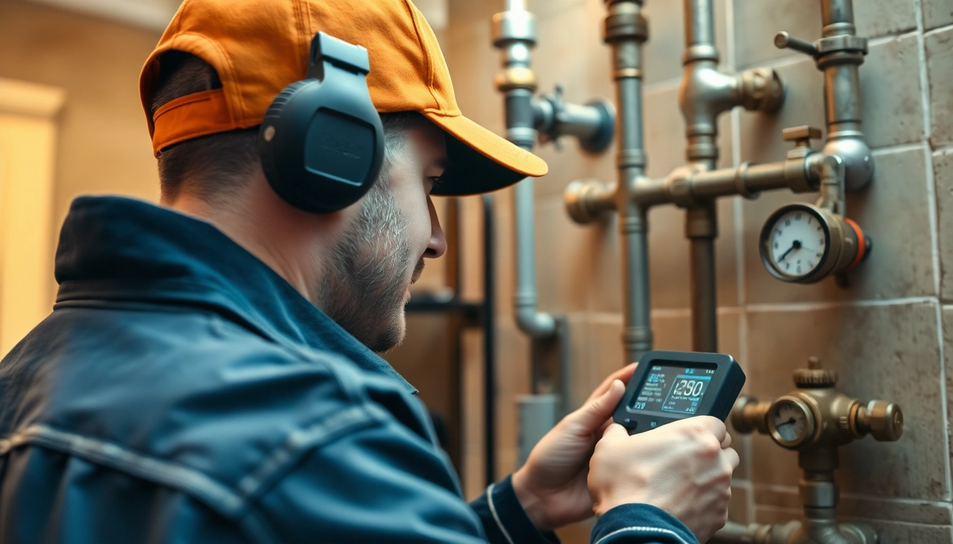 Skilled technician using advanced plumbing leak detection tools in a bright, home setting.