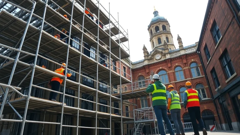 Scaffolding Manchester team constructing a scaffold structure around a historic building.