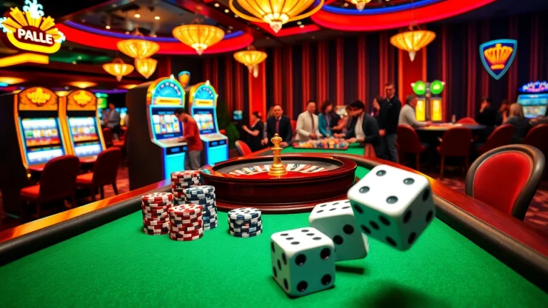 A lively casino environment with slot machines, poker chips, and dice representing KJC AC 1 excitement in gambling.