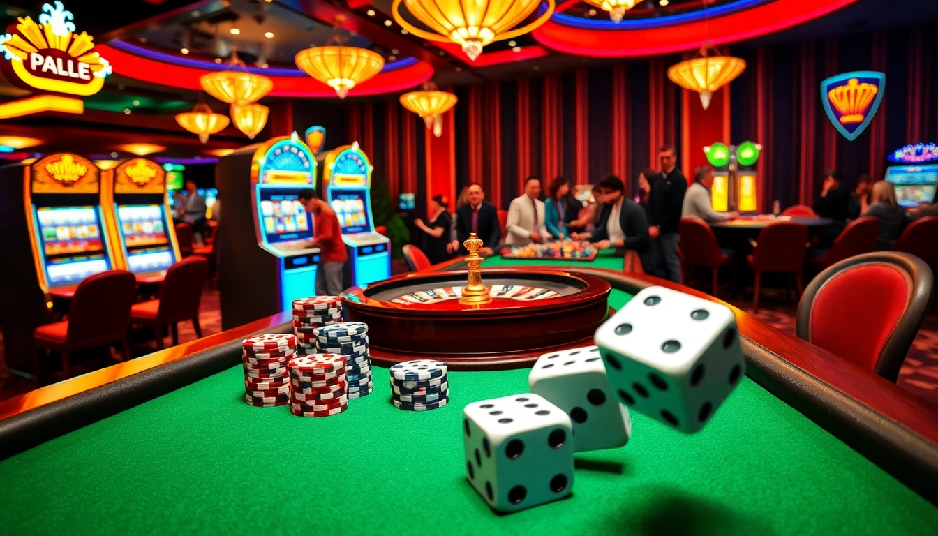 A lively casino environment with slot machines, poker chips, and dice representing KJC AC 1 excitement in gambling.