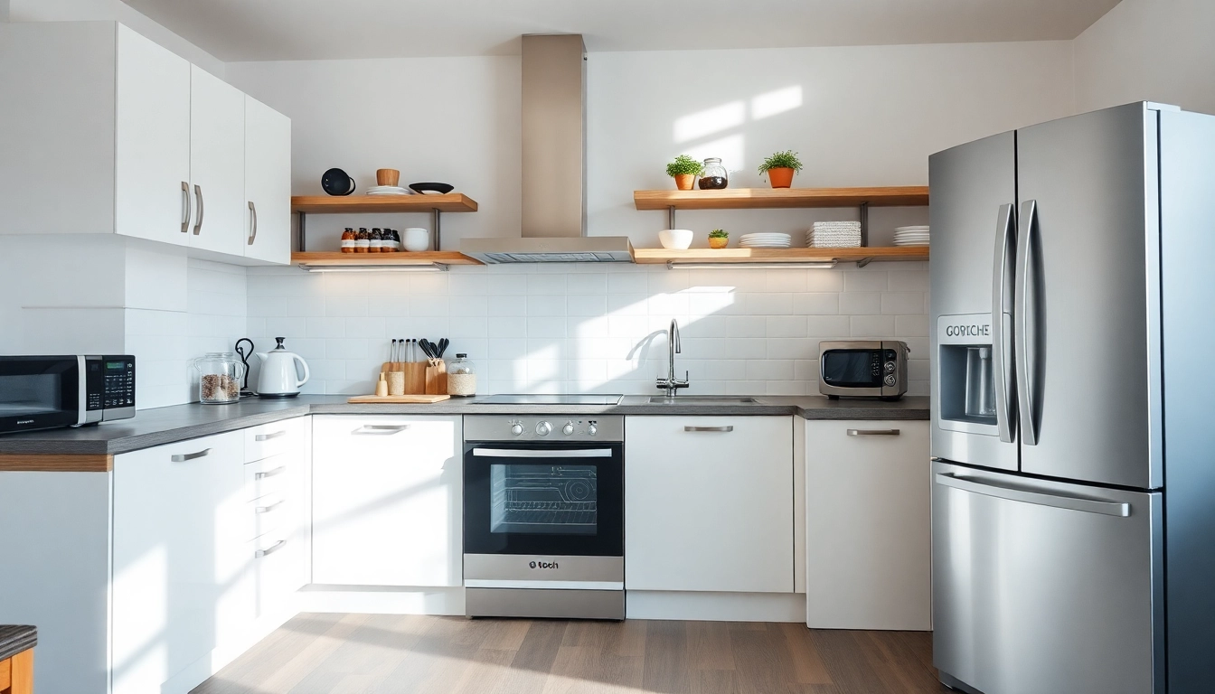 View комфортабил бяла техника appliances in a stylish kitchen setting, featuring a Bosch dishwasher prominently.