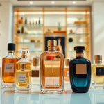 Buy perfume dupes online with a display of luxurious fragrance bottles in an elegant boutique setting.