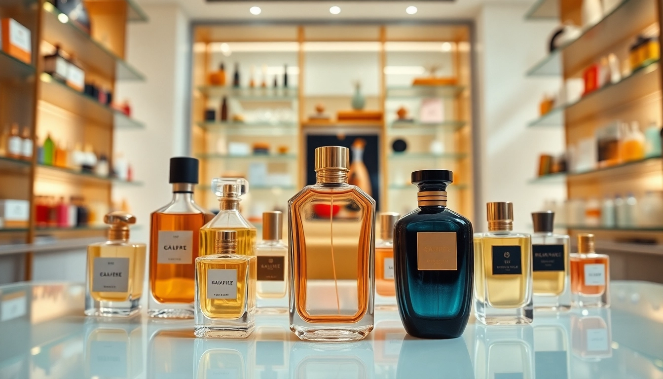 Buy perfume dupes online with a display of luxurious fragrance bottles in an elegant boutique setting.