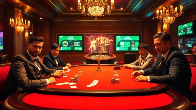 Exciting poker game scene at ingatbola88 showcasing high-stakes action with rich casino decor.