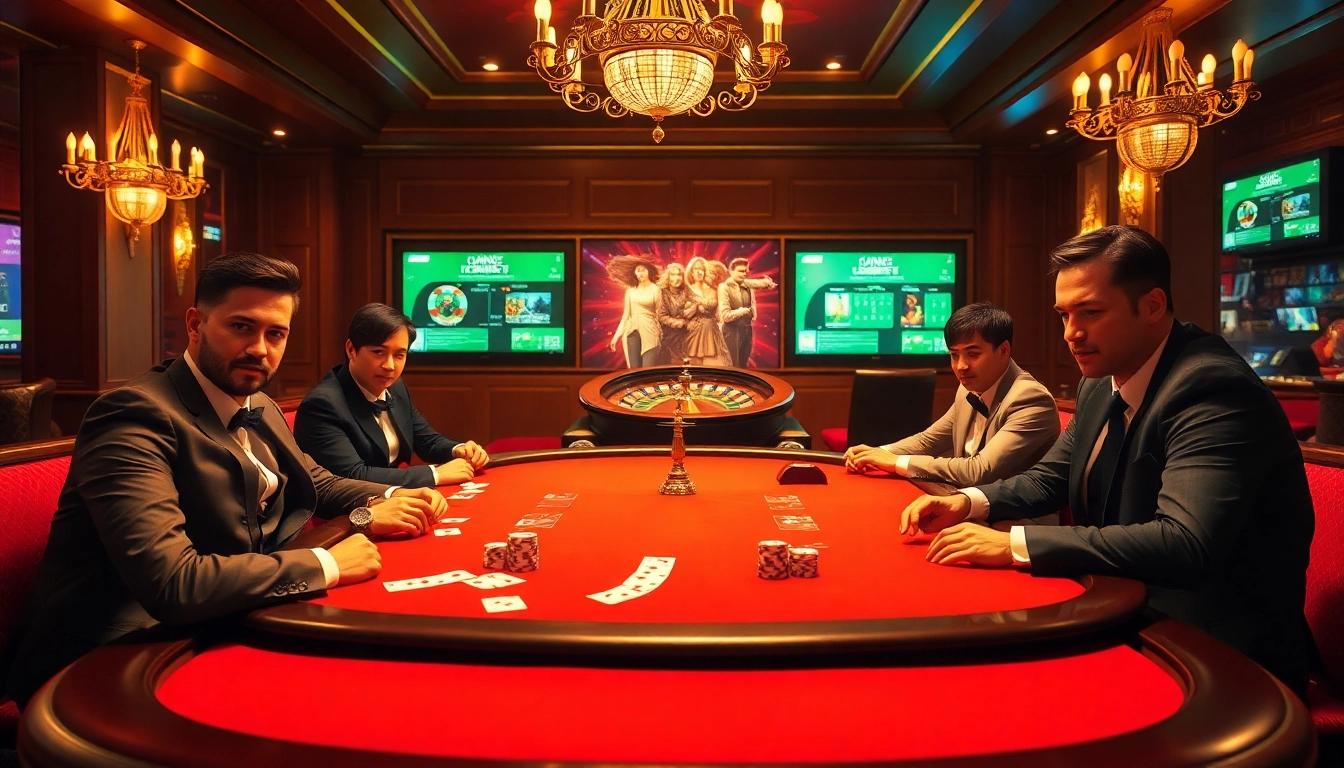Exciting poker game scene at ingatbola88 showcasing high-stakes action with rich casino decor.