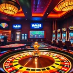 Hello88 gaming experience at an upscale casino with roulette and poker tables.
