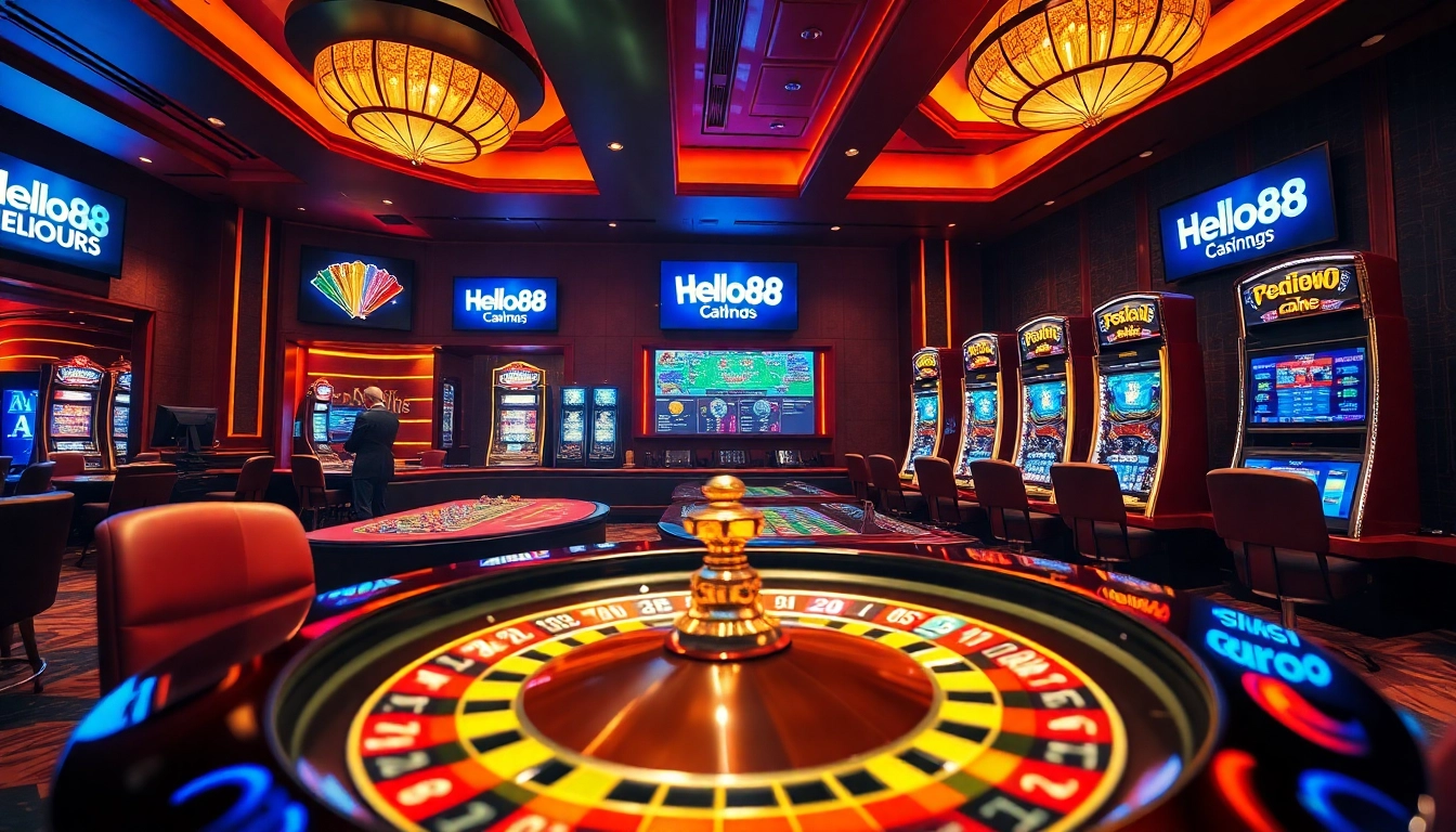 Hello88 gaming experience at an upscale casino with roulette and poker tables.