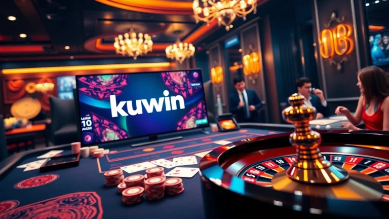 Kuwin đăng nhập at a luxurious online casino table with vibrant graphics and poker elements.