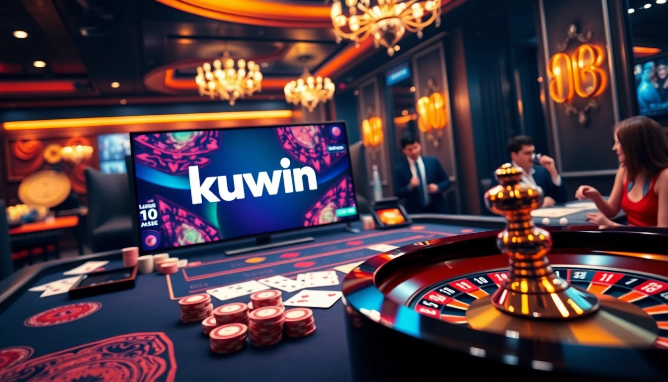 Kuwin đăng nhập at a luxurious online casino table with vibrant graphics and poker elements.