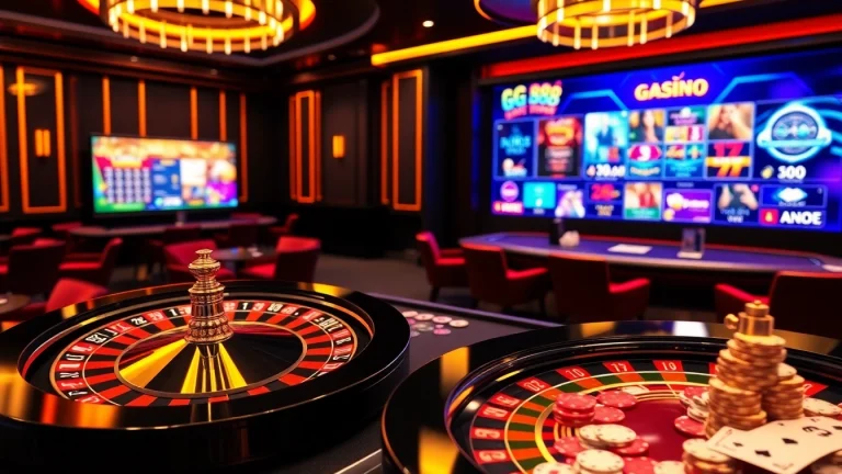 Engaging GG 88 online gambling scene featuring roulette wheel, poker chips, and stylish card games.