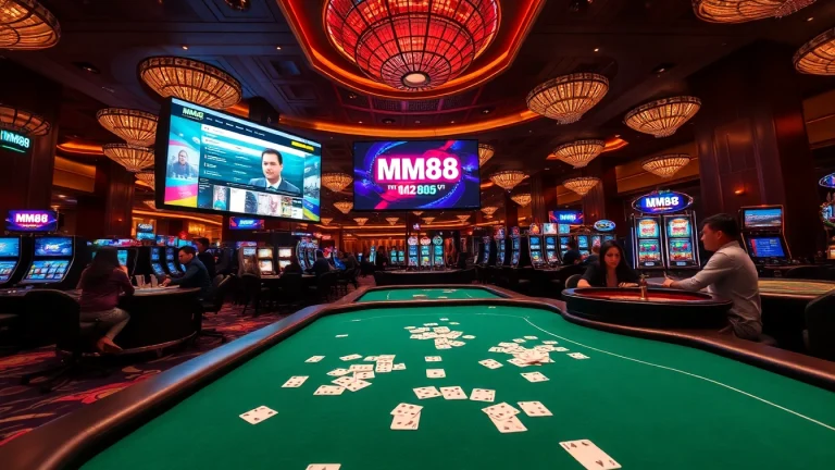 Experience the thrill of jackpot wins at MM88's lavish casino, featuring vibrant gaming tables.