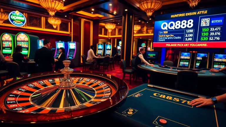 Exciting gameplay at a casino featuring QQ888 with roulette, poker chips, and poker tables.