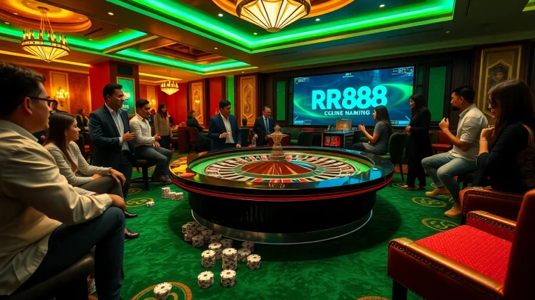 Gamblers engaged at a luxury casino table featuring RR888 logo highlights excitement and gameplay.
