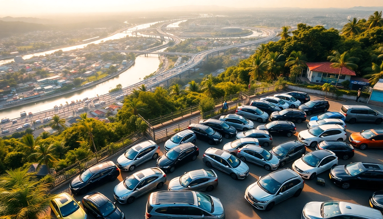 Car rental at Kuching with a diverse fleet against a scenic river view.