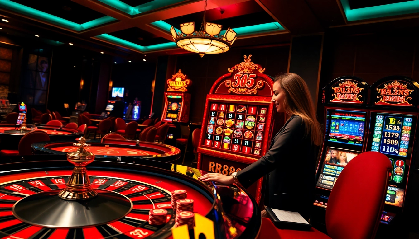 RR88 casino table showcasing poker chips and vibrant slot machines for thrilling gameplay