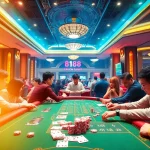 Engage in Đá Gà Thomo BJ888 at a vibrant casino setting with excited players and colorful betting elements.