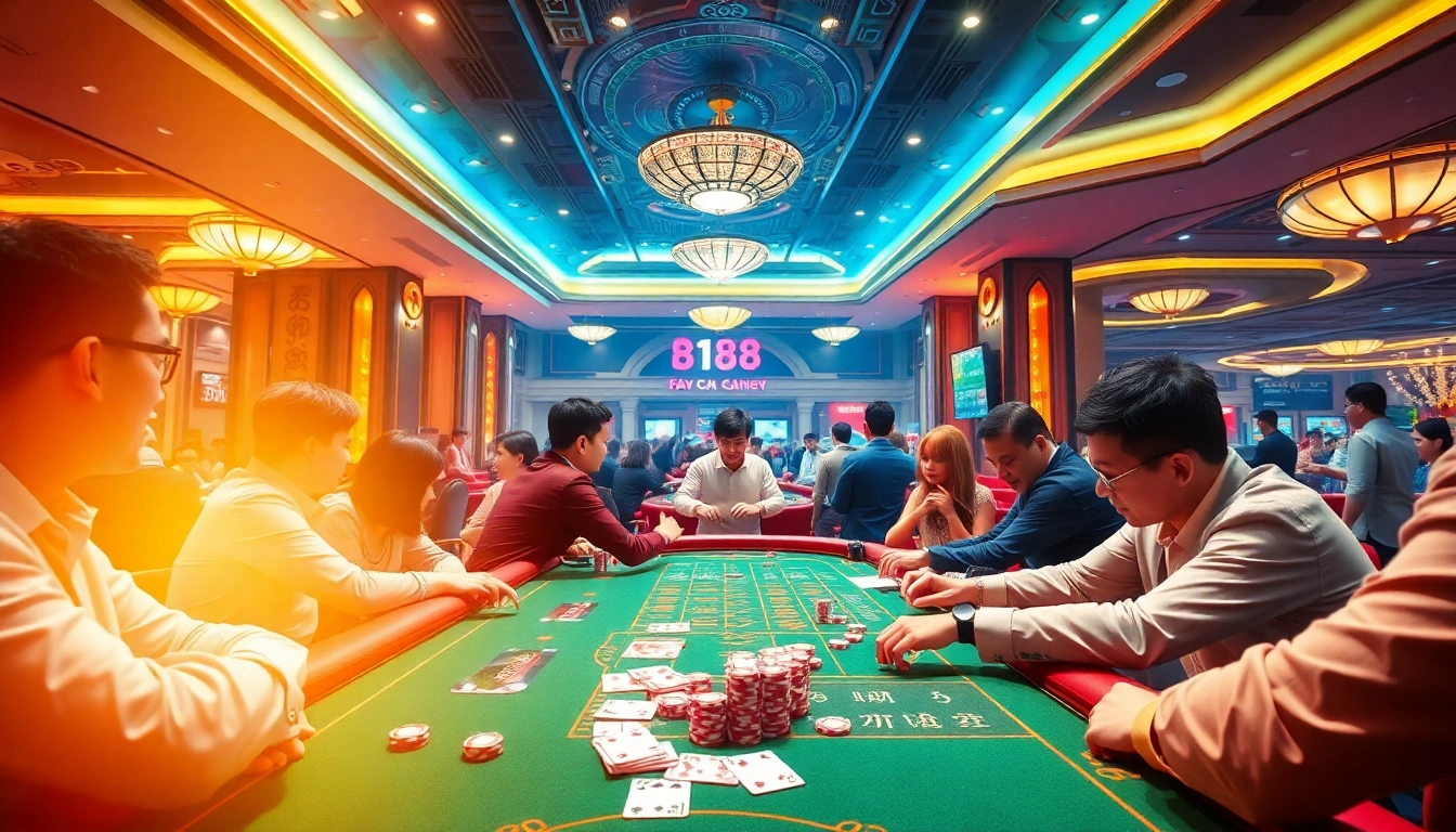 Engage in Đá Gà Thomo BJ888 at a vibrant casino setting with excited players and colorful betting elements.