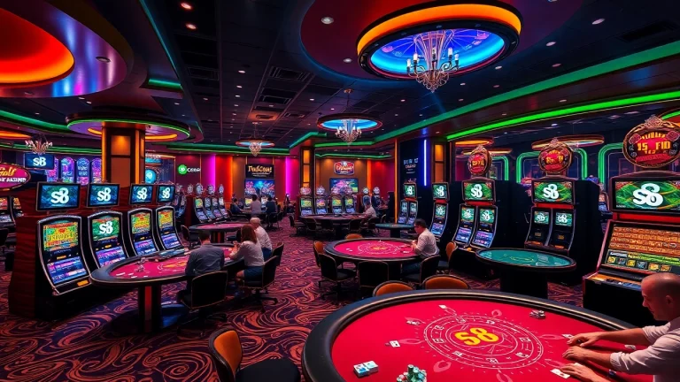 Players enjoying games at a luxurious casino with vibrant "s8" themed slot machines.