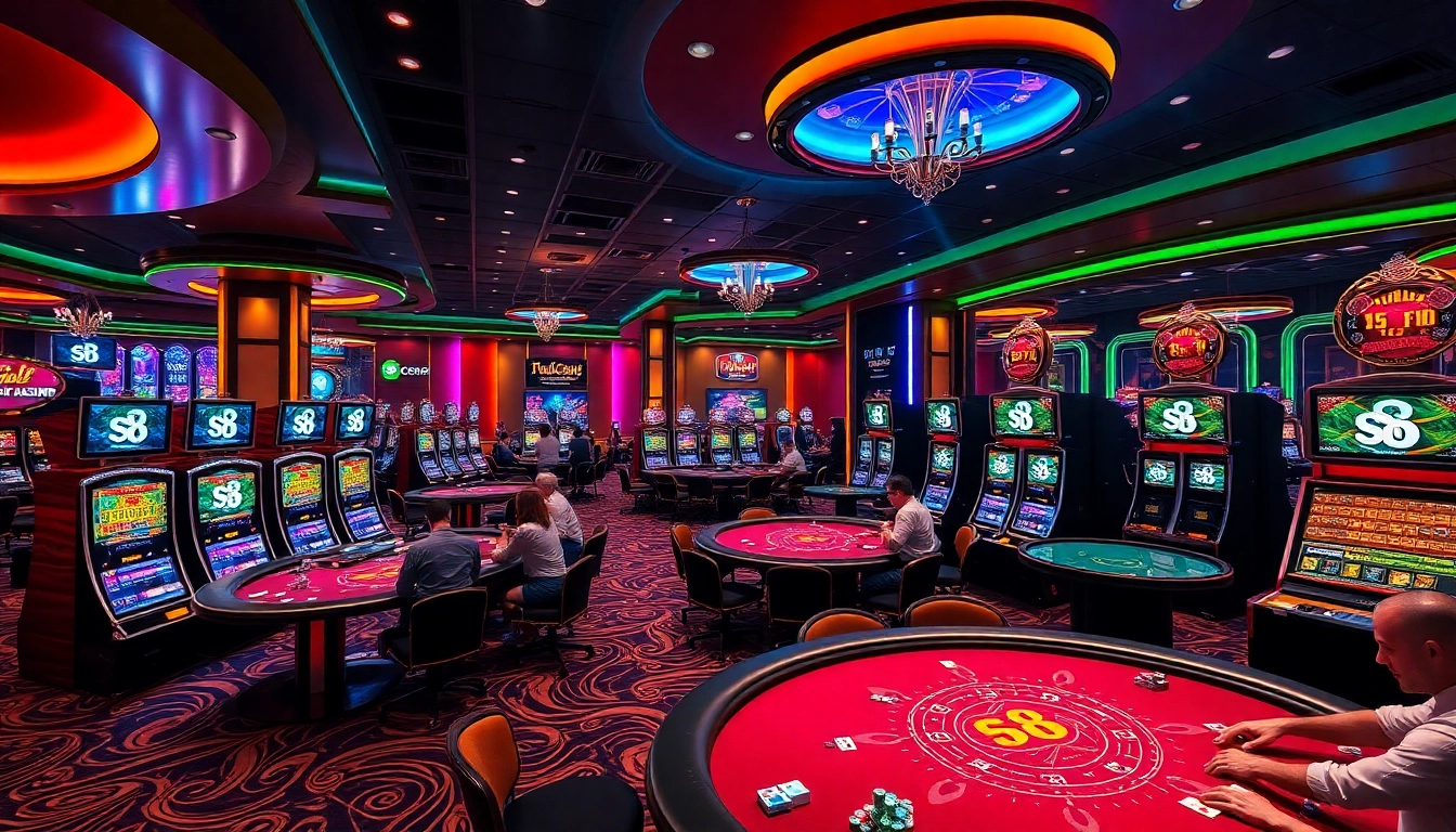 Players enjoying games at a luxurious casino with vibrant "s8" themed slot machines.