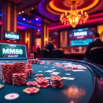 MM88 online casino setting showcasing poker chips and slot machines in an exciting atmosphere.