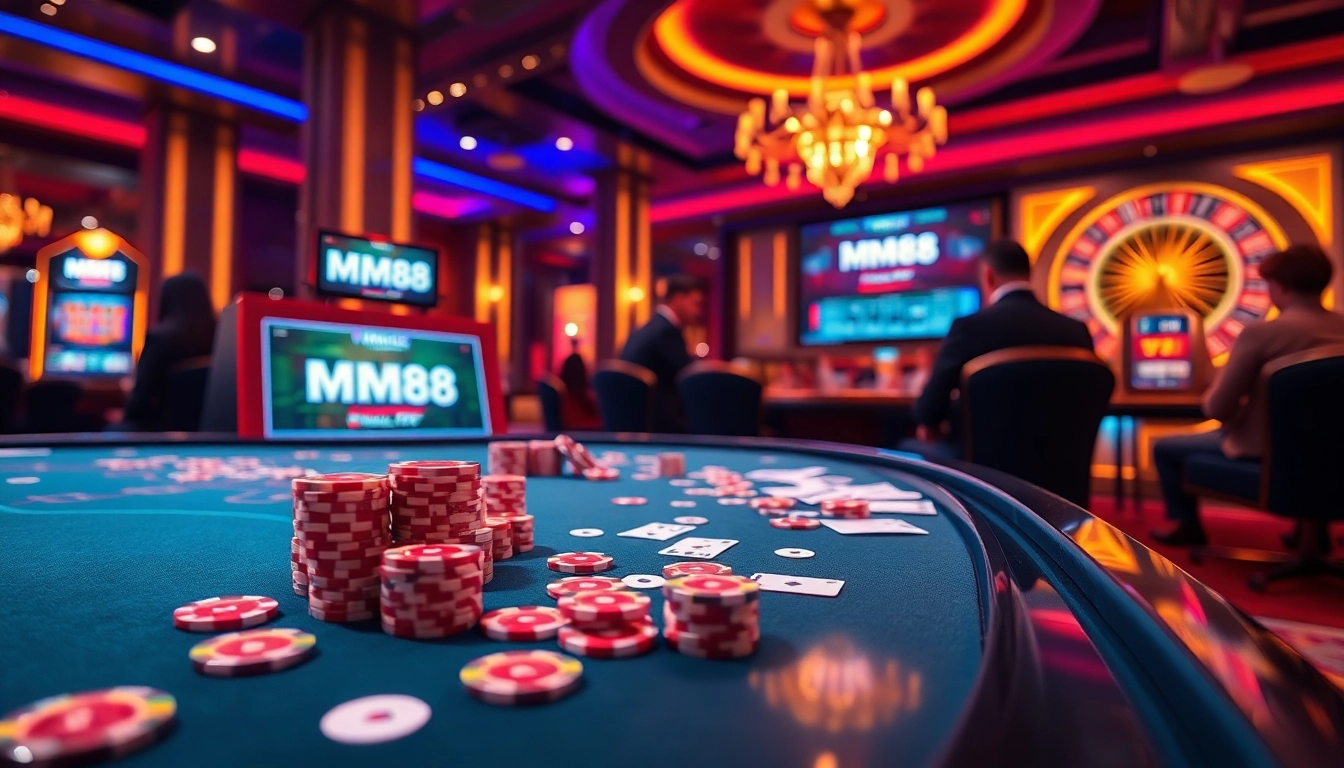 MM88 online casino setting showcasing poker chips and slot machines in an exciting atmosphere.