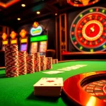 vn88 casino scene with professional poker table, high-stacked chips, and spinning roulette