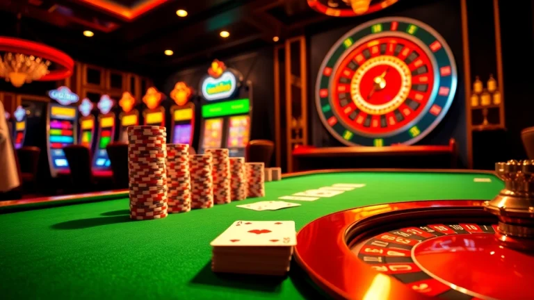 vn88 casino scene with professional poker table, high-stacked chips, and spinning roulette