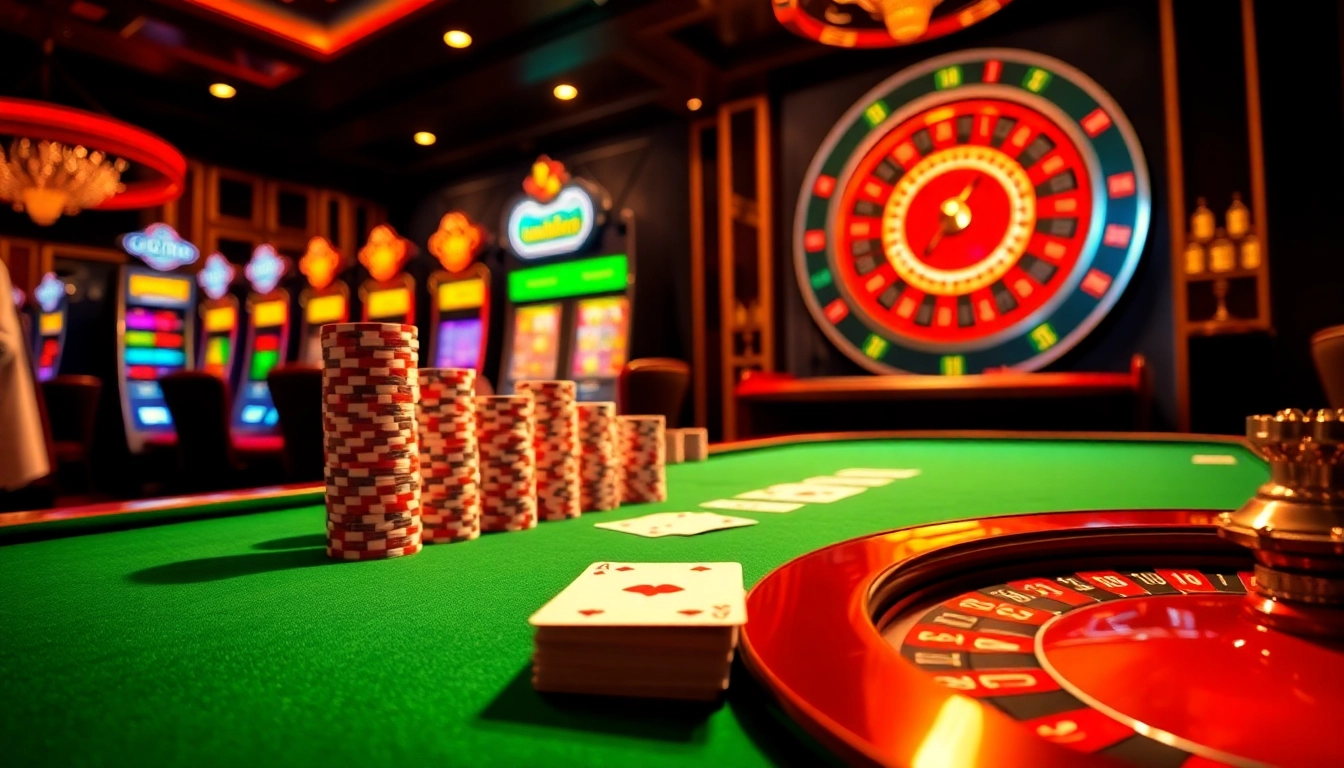 vn88 casino scene with professional poker table, high-stacked chips, and spinning roulette