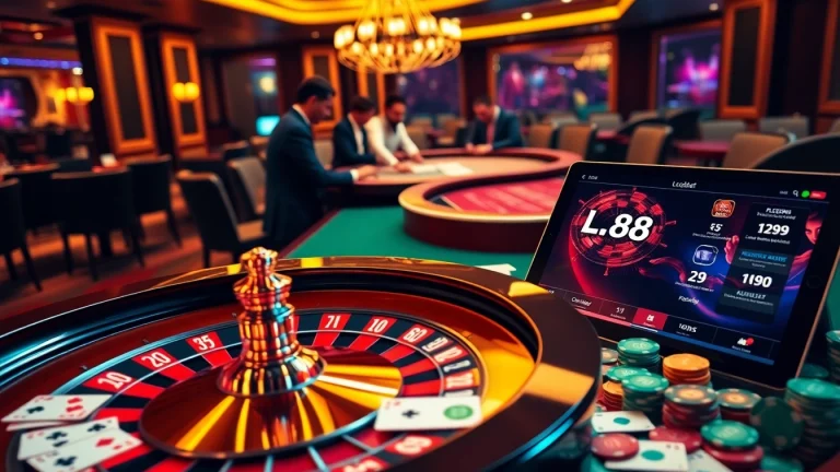 Experience the thrill of Lc88 with vibrant casino tables, poker chips, and immersive gaming.