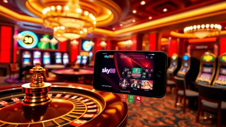 Experience the high-energy atmosphere of gambling with the sky88 app in a luxurious casino scene.