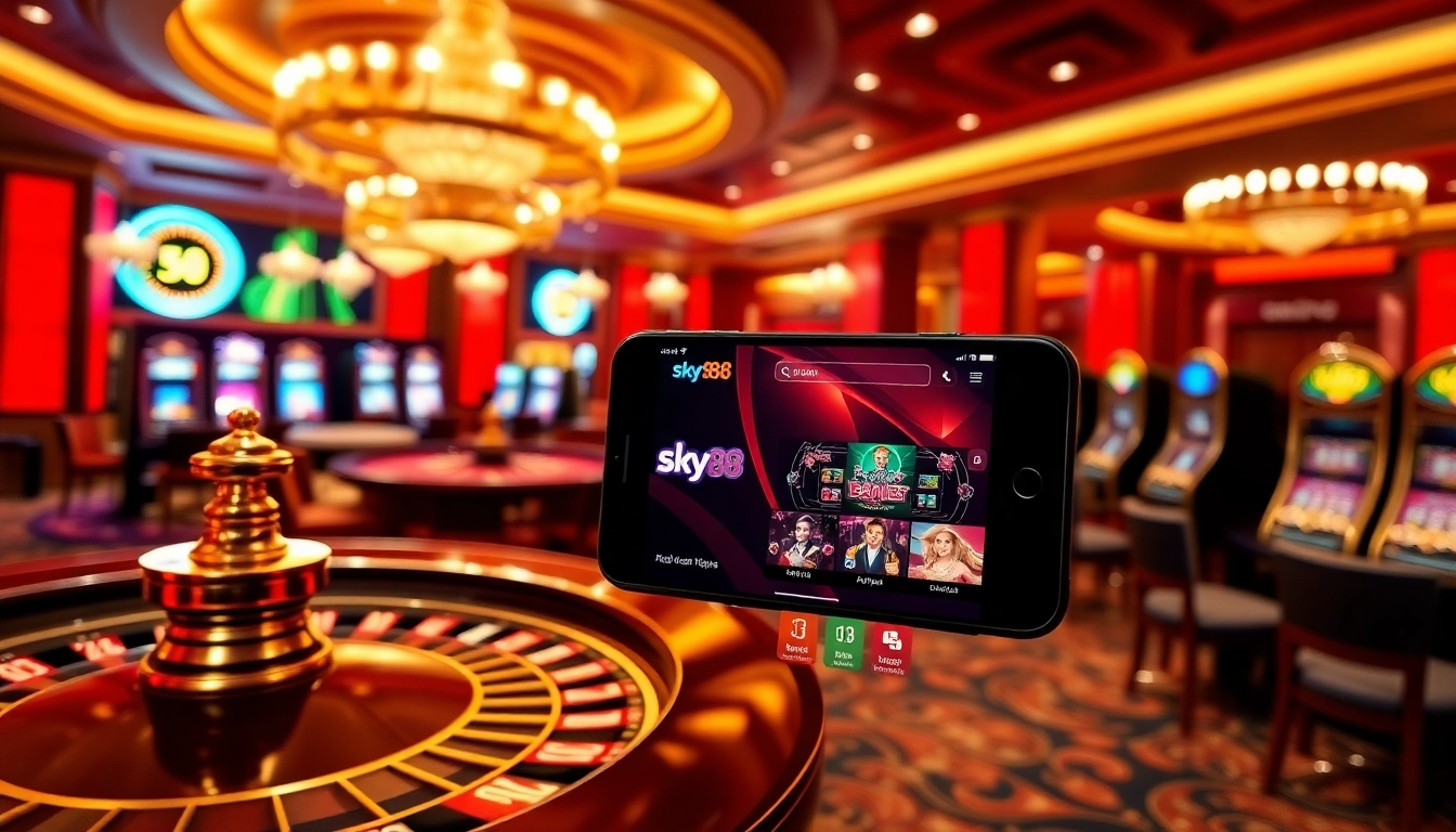 Experience the high-energy atmosphere of gambling with the sky88 app in a luxurious casino scene.